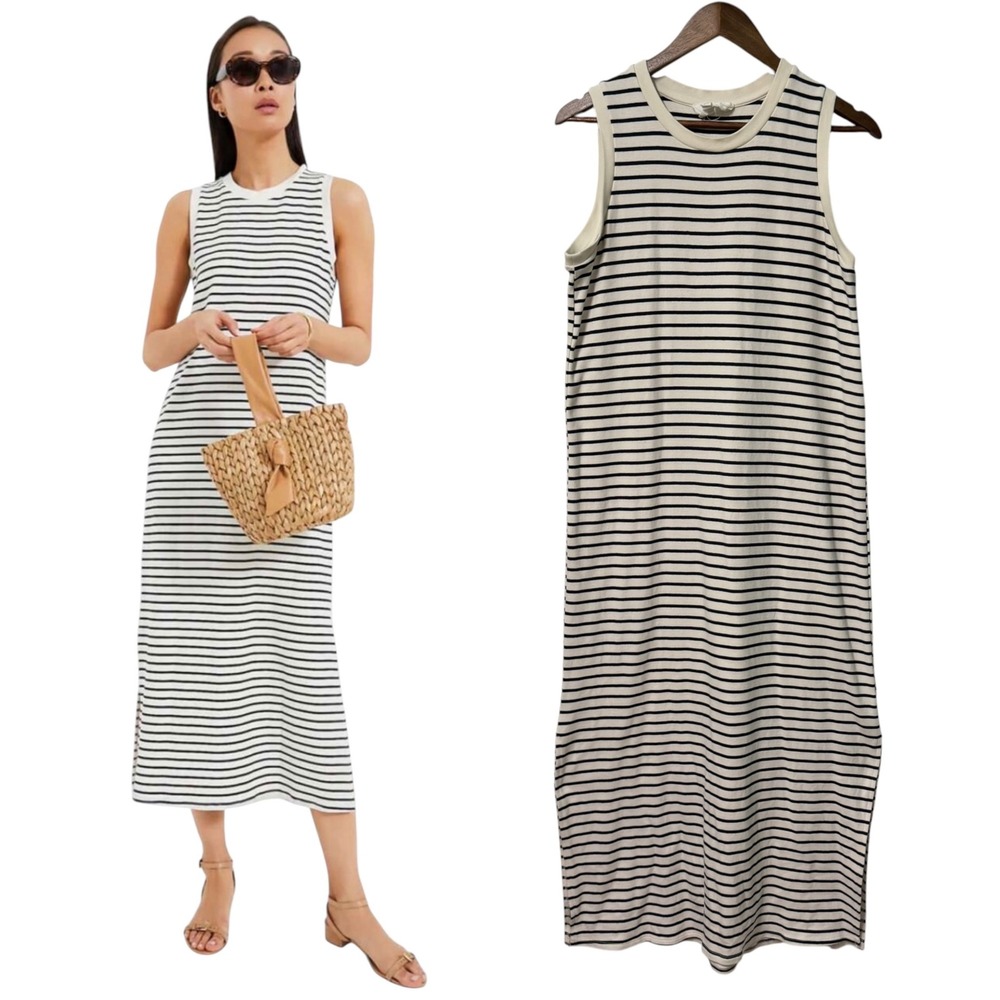 Tuckernuck Pomander Place Dress Womens M Blue White Striped Maxi Slits Stretchy